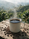 Caneca esmaltada de café com grãos sobre madeira